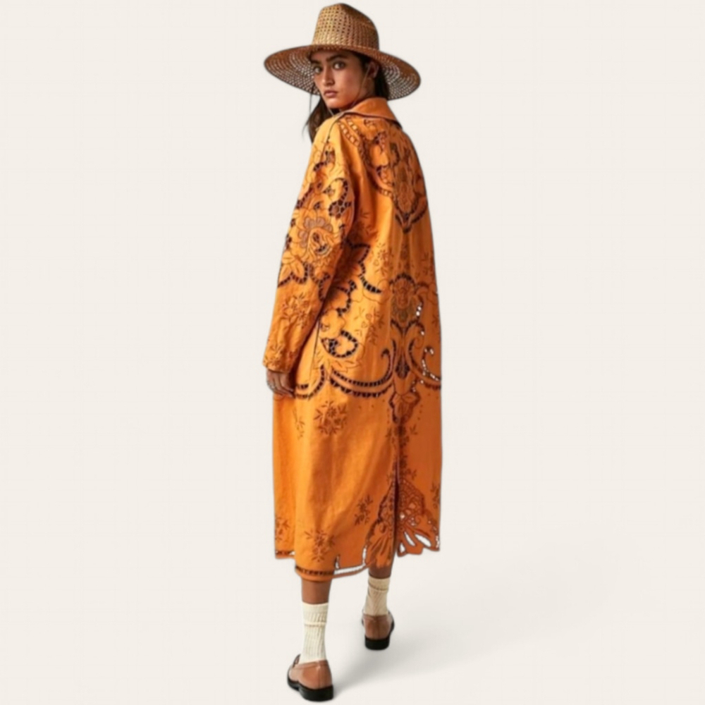 Free People Eyelet Linen Susanna Autumn Marigold Duster Jacket XS NWOT - Picture 3 of 15